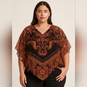 Quintessential Fleur De Lis Butterfly Pullover Blouse Brown Black 3X